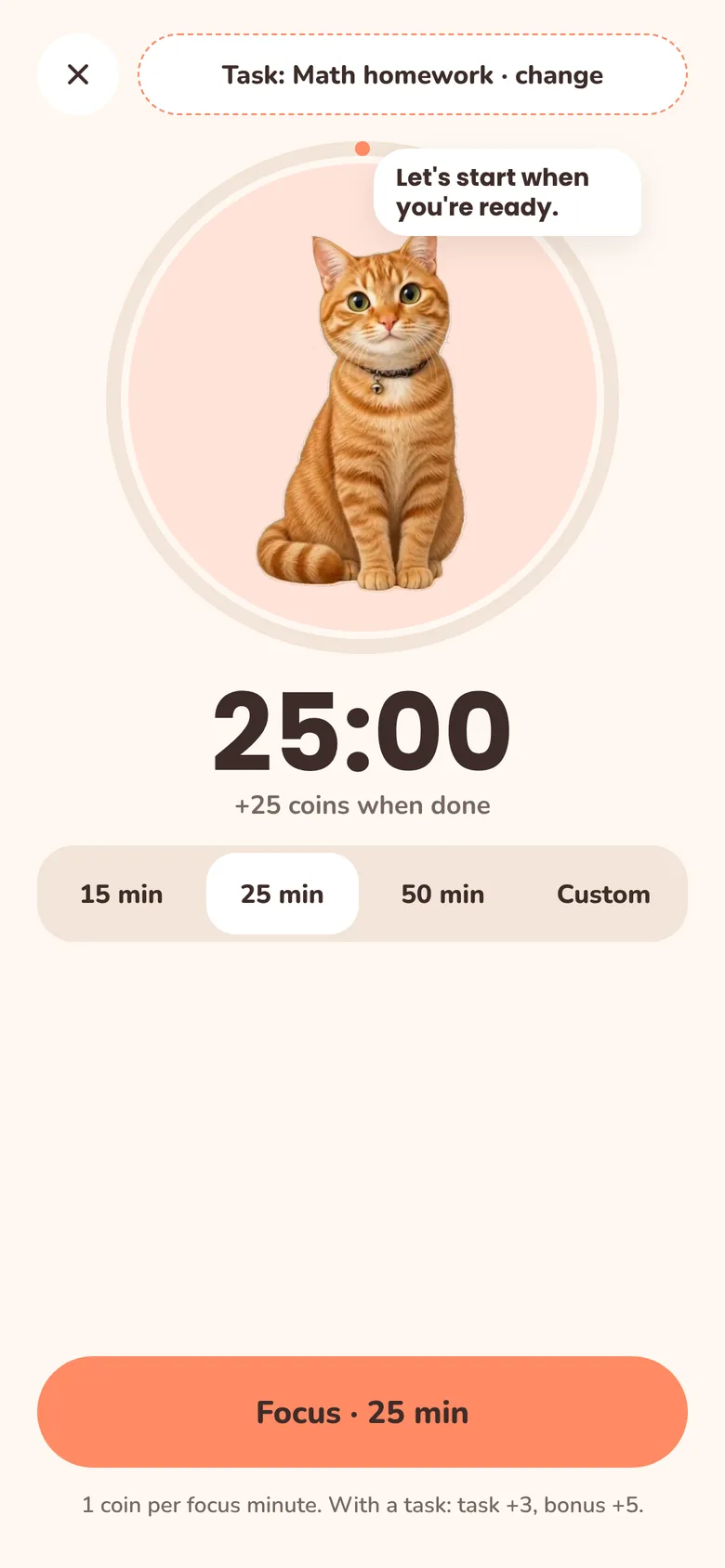Focus screen (in Turkish): a 25-minute timer with 15, 25, 50 minute and custom options