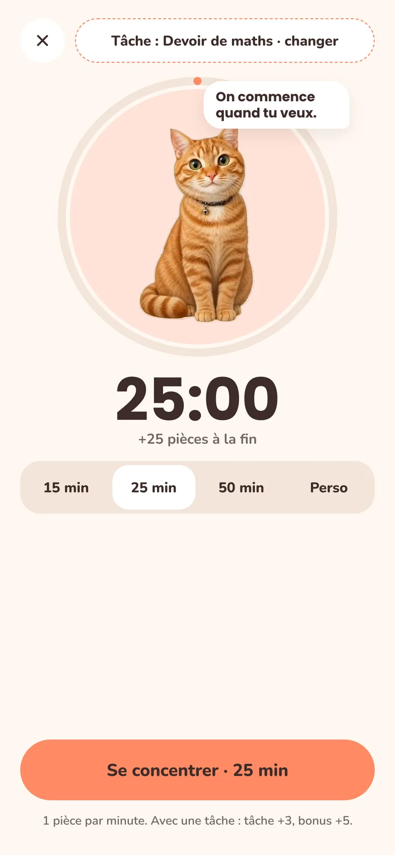 Écran de concentration (en turc) : un minuteur de 25 minutes avec les options 15, 25, 50 minutes et durée personnalisée