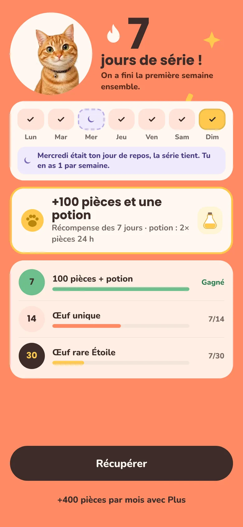 Écran de série (en turc) : une série de 7 jours, le mercredi compté comme jour de repos, et les récompenses des jours 7, 14 et 30