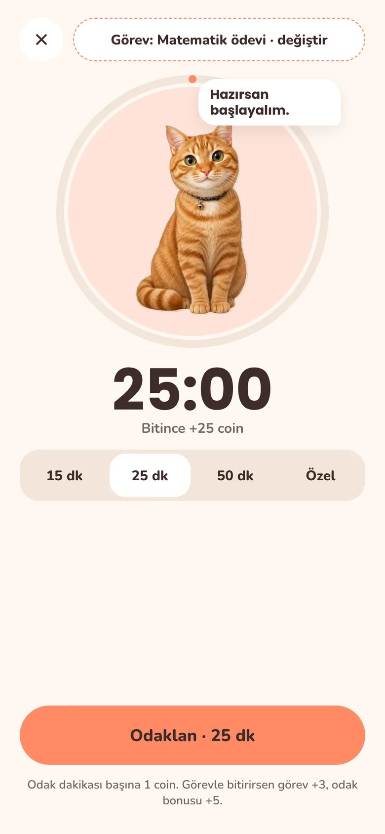 Odak ekranı: 25 dakikalık sayaç, 15, 25, 50 dakika ve özel süre seçenekleri
