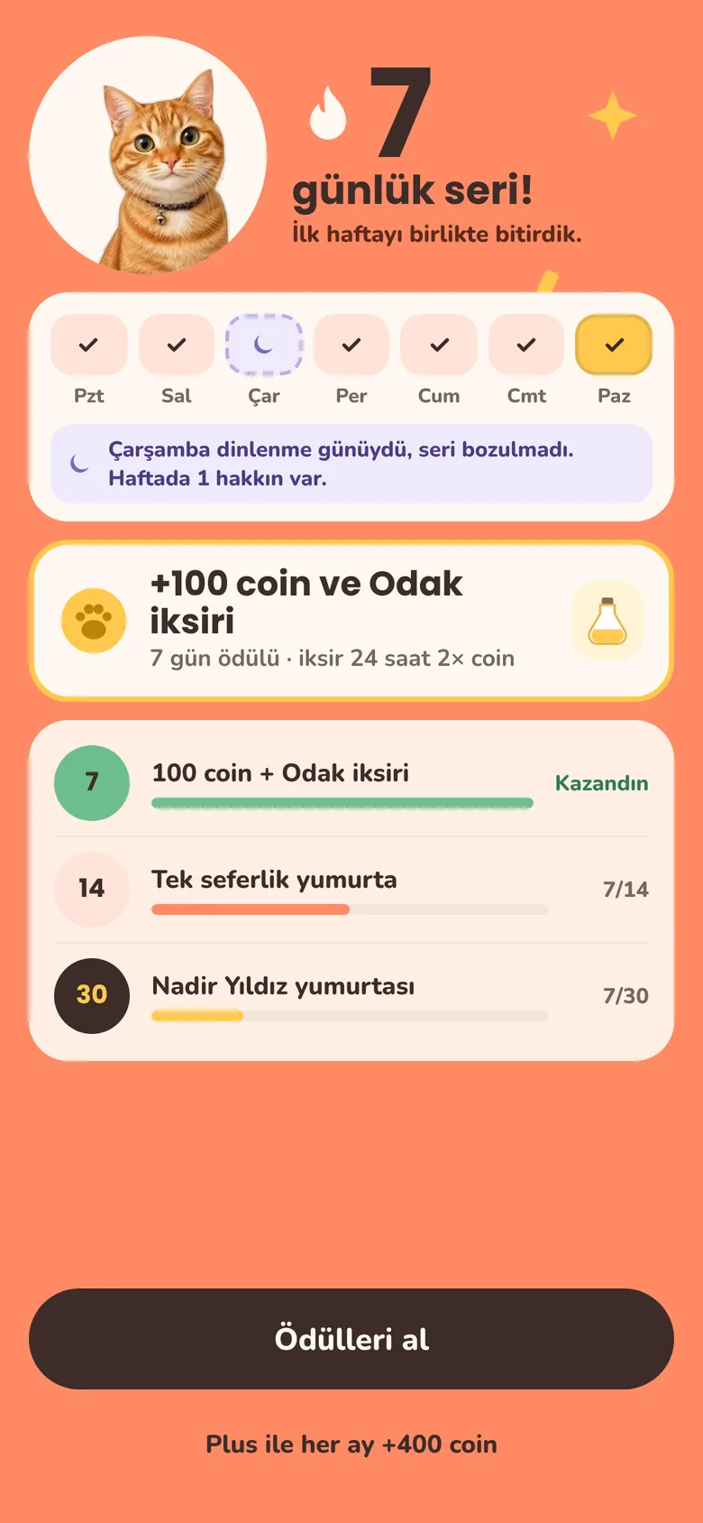 Seri ekranı: 7 günlük seri, dinlenme günü olarak sayılan çarşamba ve 7, 14, 30. gün ödülleri